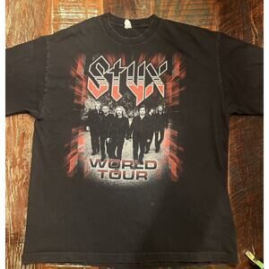 Vintage Styx Shirt Mens XL Black World Tour Concert Rock Band Logo Album Tee